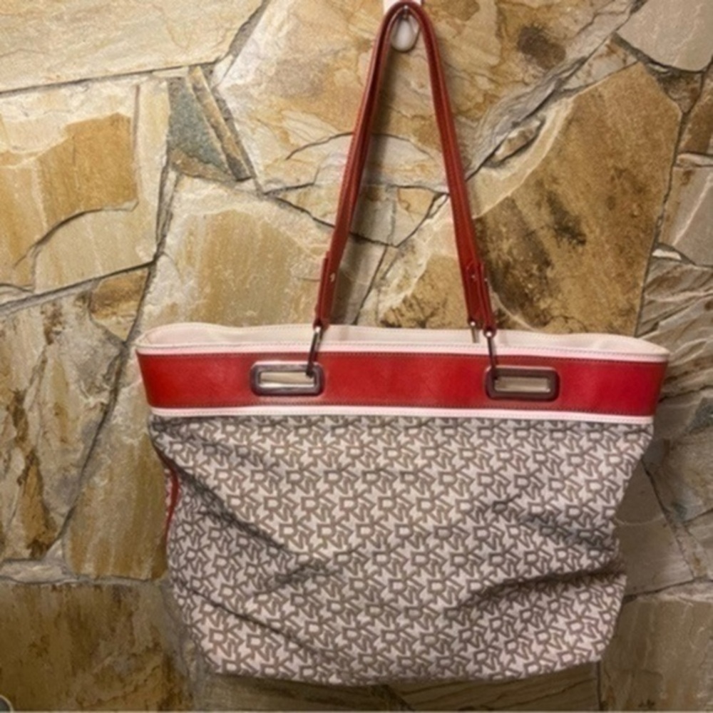 DKNY satchel monogram neutral canvas with red leather details and gold hardware